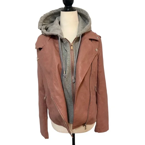 Vintage Le Chateau Medium Pink Faux Leather Moto Jacket w/ Grey Hoodie - Picture 3 of 11